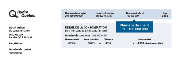 Emplacement du numéro de client sur la facture
