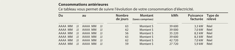 Section 4 : Consommations antérieures du relevé détaillé avec puissance facturée tarif G
