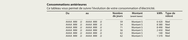Section 4 : Consommations antérieures du relevé détaillé avec puissance facturée tarif G