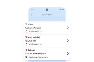 A cell phone screenshot showing three addresses entered to track service status: home, Mom and Dad, cottage.