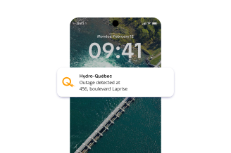 A cell phone screenshot showing a notification from Hydro-Québec indicating that an outage was detected at 456 Blvd. Laprise.