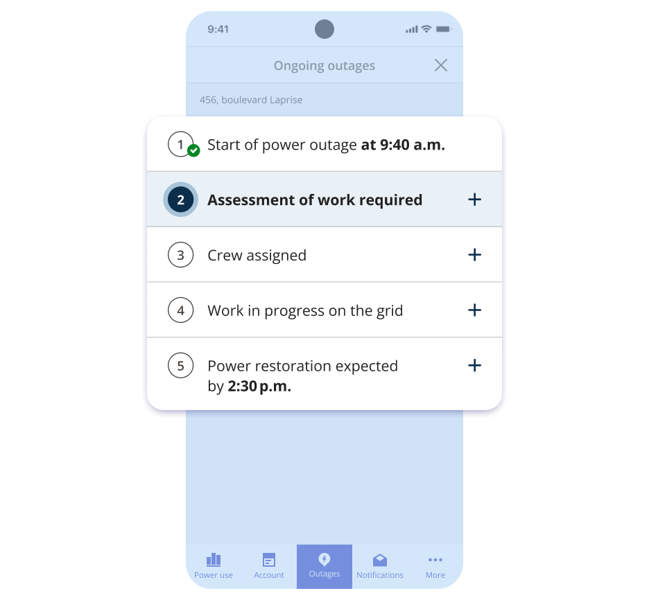 A cell phone screenshot showing the steps involved in restoring service. Step 2, involving an assessment of the work required, is underway.