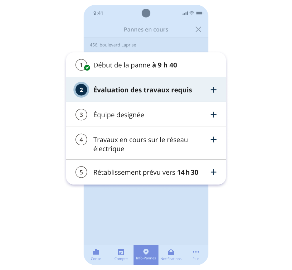 Écran de cellulaire affichant les étapes du rétablissement du service d’électricité. L’étape 2, soit l’évaluation des travaux requis, est en cours.