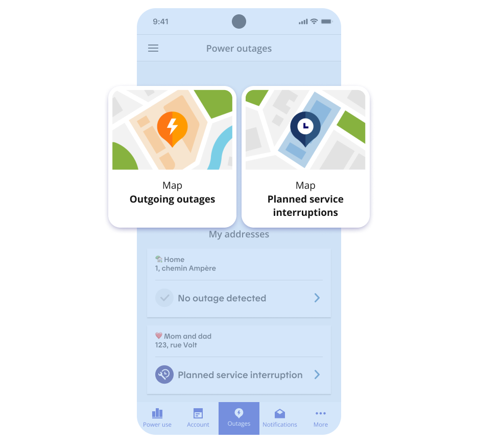 A picture of the mobile app’s home screen with the ongoing outages map and the map of planned service interruptions.