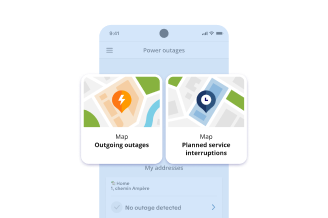 A picture of the mobile app’s home screen with the ongoing outages map and the map of planned service interruptions.