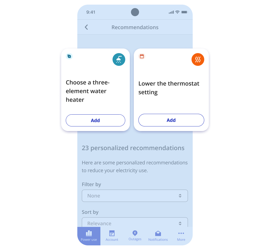 A cell phone screenshot showing two customized tips for using less electricity: choosing a three-element water heater and turning down the thermostat.