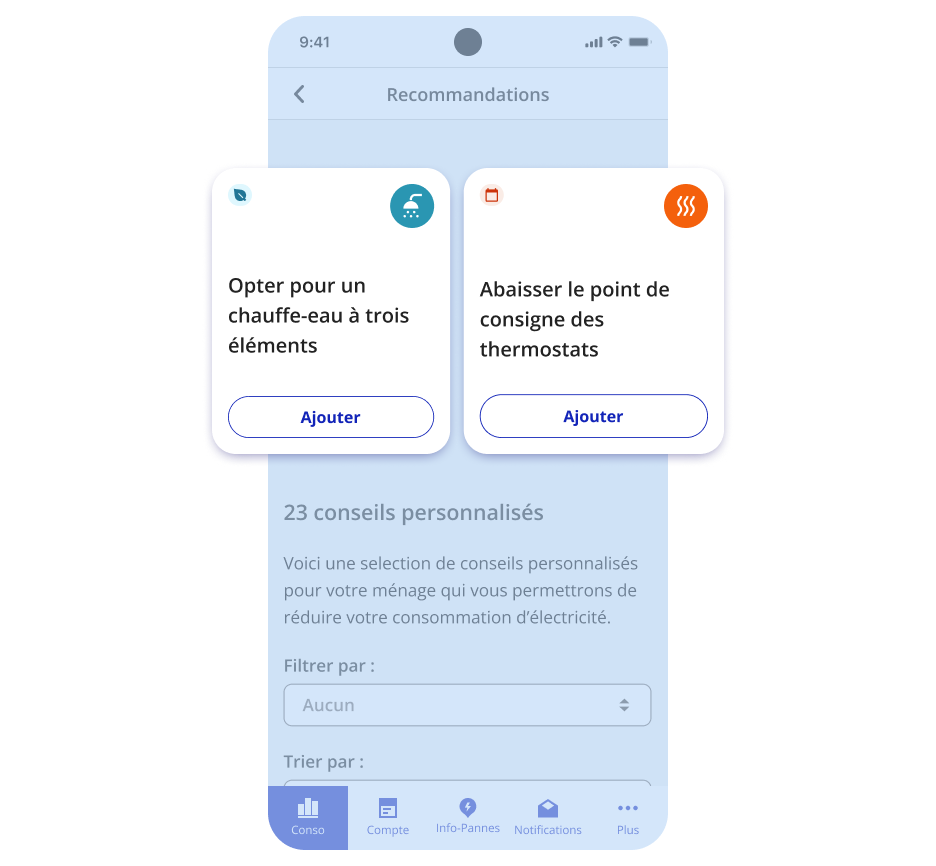 Écran de cellulaire présentant deux conseils personnalisés pour améliorer la consommation : opter pour un chauffe-eau à trois éléments et abaisser la température de consigne des thermostats.