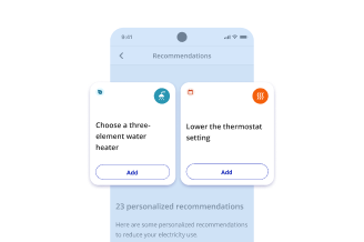A cell phone screenshot showing two customized tips for using less electricity: choosing a three-element water heater and turning down the thermostat.