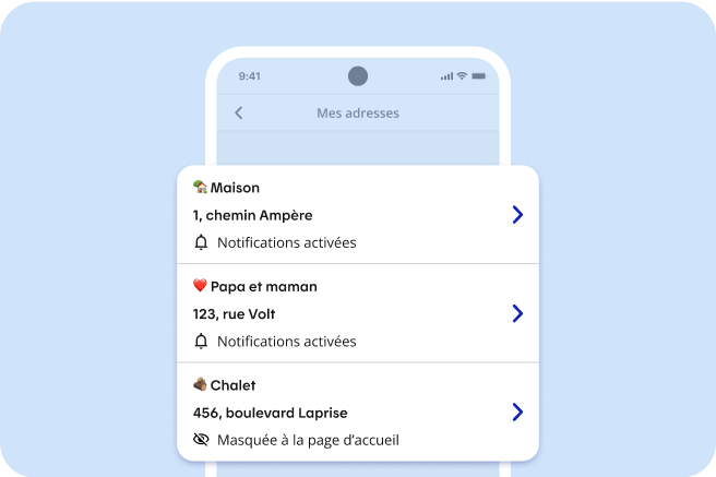 Écran de cellulaire affichant trois adresses enregistrées pour suivre l’état du service d’électricité : maison, papa et maman, chalet. 