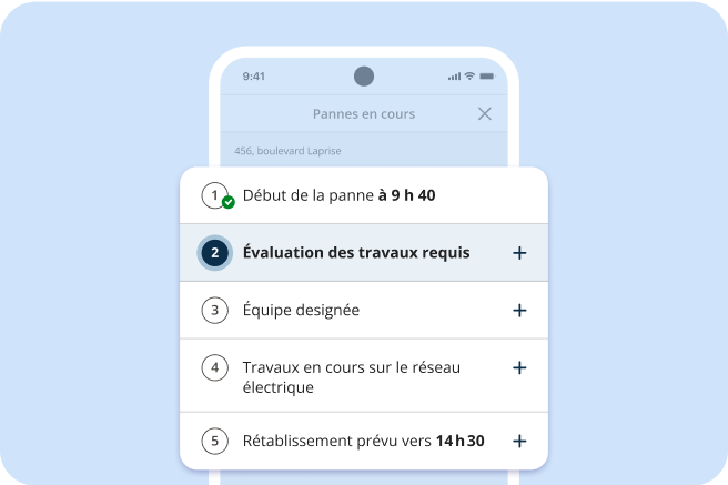 Écran de cellulaire affichant les étapes du rétablissement du service d’électricité. L’étape 2, soit l’évaluation des travaux requis, est en cours.