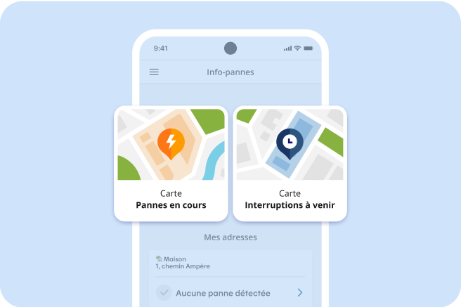 Écran d’accueil d’Info-pannes sur l’application mobile, mettant de l’avant la carte des pannes en cours et la carte des interruptions de service à venir.