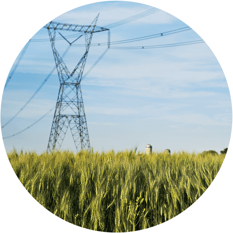Pylône électrique dans un champ de blé situé à proximité d’un silo à grains.