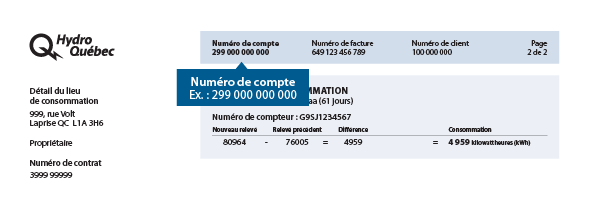 Emplacement du numéro de client sur la facture.
