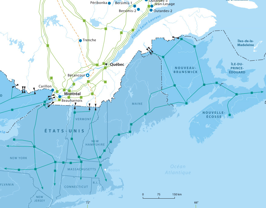 Carte des interconnexions d’Hydro-Québec pour l’exportation d’énergie propre vers les marchés voisins, soit l’Ontario, le Nouveau-Brunswick, l’État de New York et la Nouvelle-Angleterre.