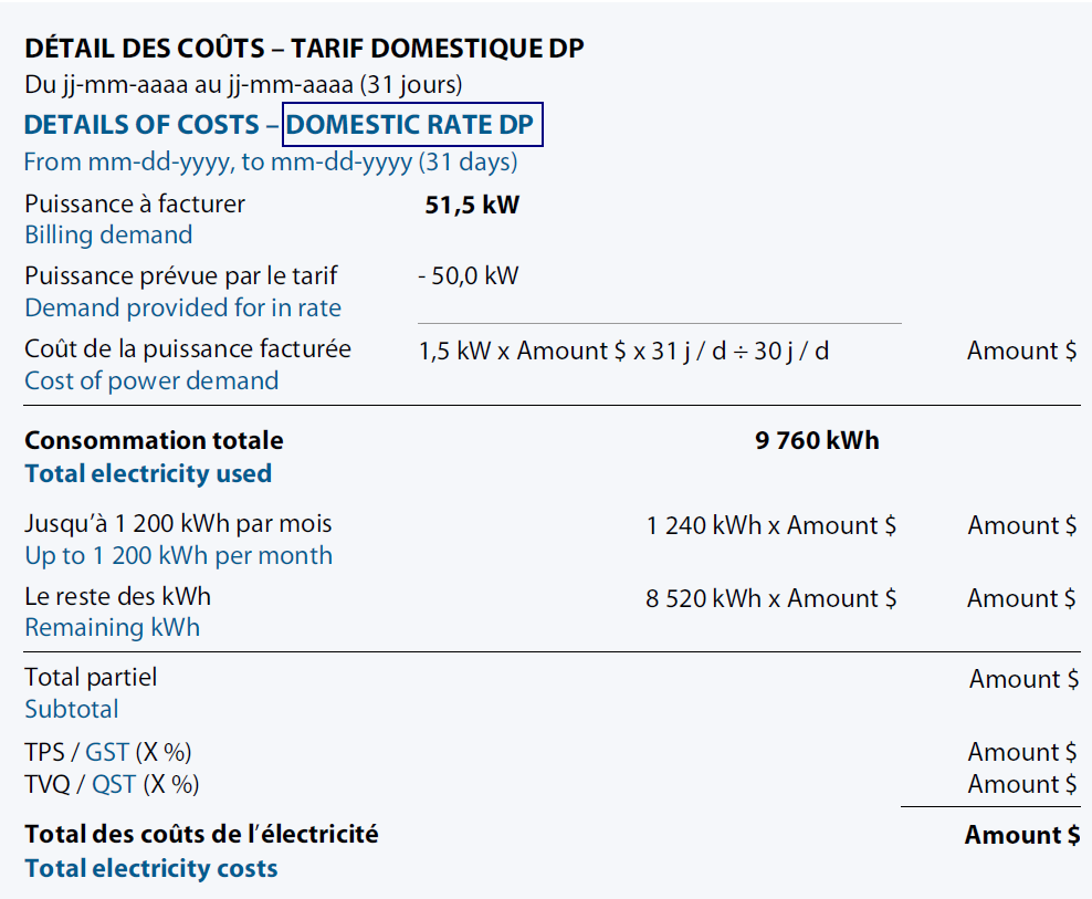 Sample Rate D bill. The applicable rate is indicated under the line Billing date.
