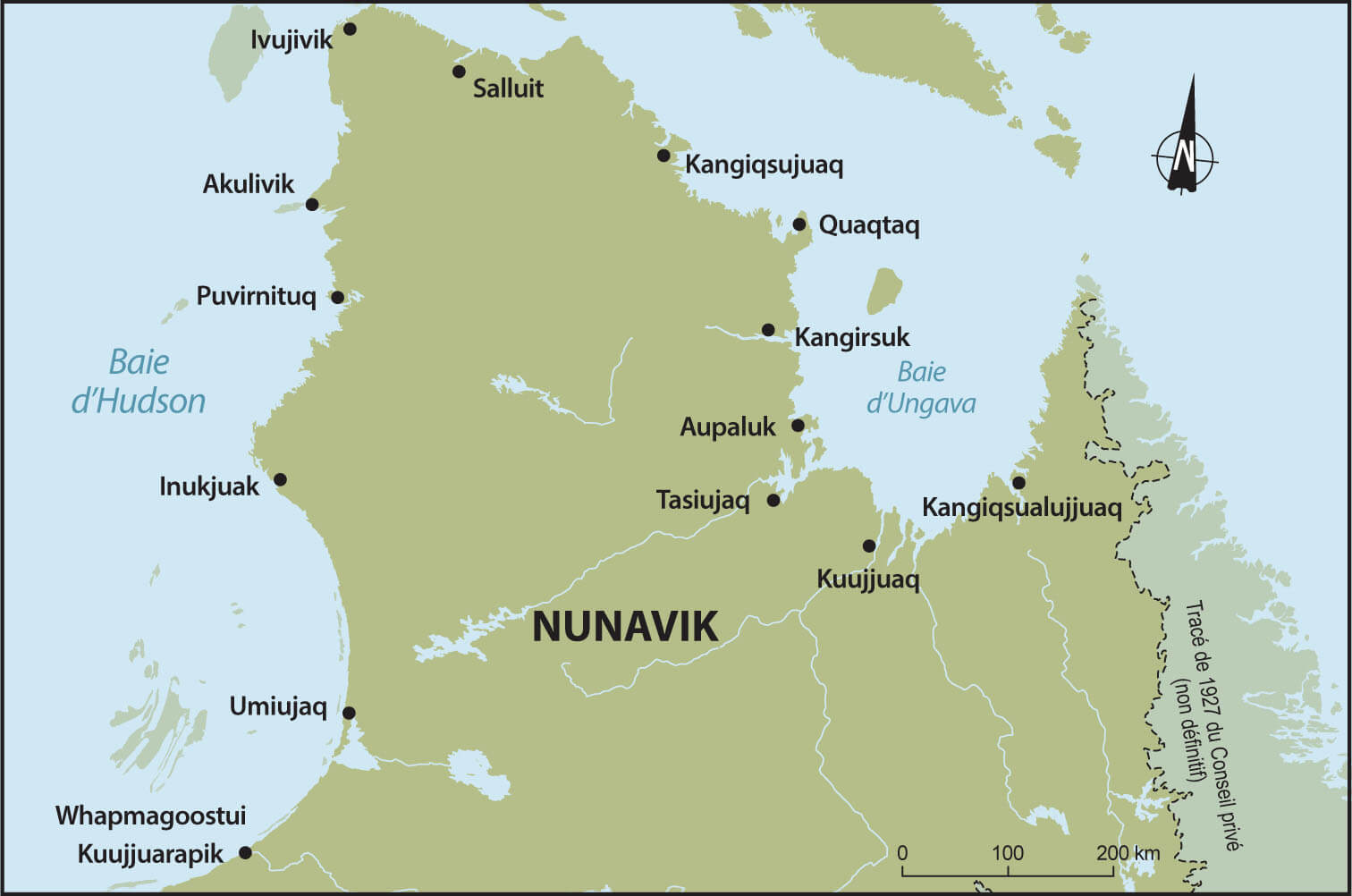 Carte indiquant les municipalités visées par la tarification au nord du 53e parallèle : Akulivik, Aupaluk, Inukjuak, Ivujivik, Kangiqsualujjuaq, Kangiqsujuaq, Kangirsuk, Kuujjuaq, Kuujjuarapik, Puvirnituq, Quaqtaq, Salluit, Tasiujaq, Umiujaq et Whapmagoostui.