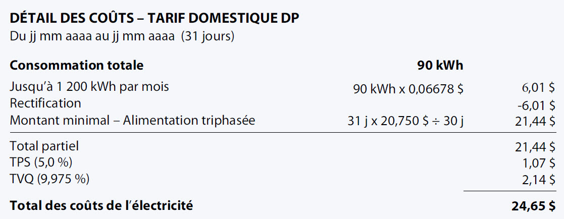 Exemple d’une facture au tarif DP comportant un montant minimal