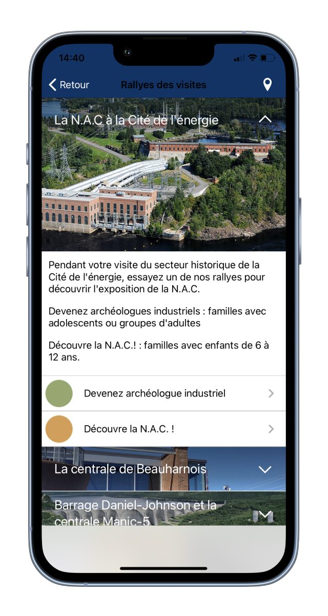 Application Rallyes des visites sur écran de cellulaire.