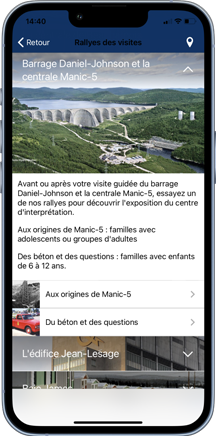 Application Rallyes des visites sur écran de cellulaire.