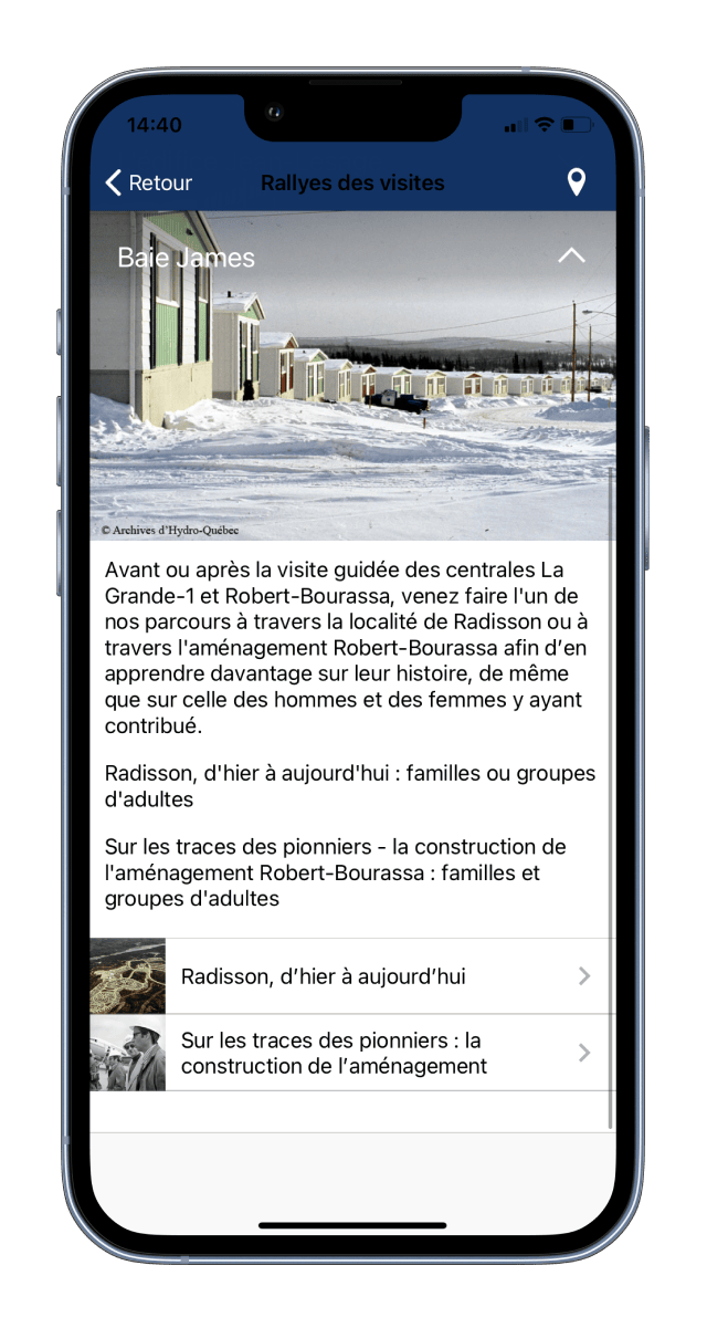 Application Rallyes des visites sur écran de cellulaire.