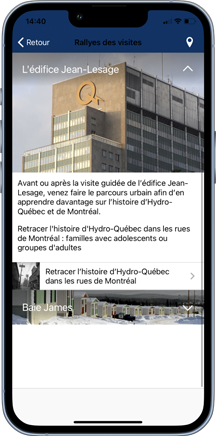 Application Rallyes des visites sur écran cellulaire.